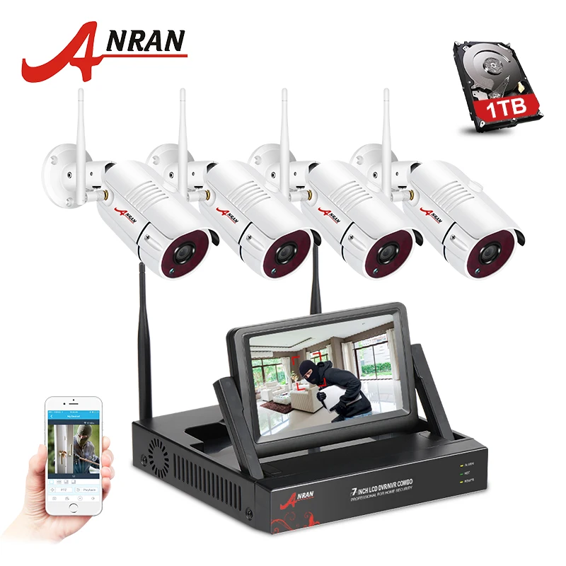 ANRAN Wifi Security Camera System 4CH 7 LCD NVR Kit 4PCS 960P HD Outdoor Waterproof IP