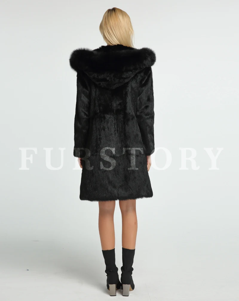 Fur Story натуральный кроличий мех пальто с лисой капюшон зима теплая большая толстовка натуральный Меховая куртка женская верхняя одежда 151254