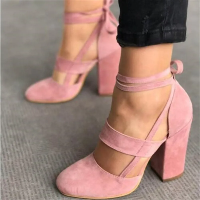 Женские туфли на высоком каблуке с ремешком на щиколотке размера плюс, туфли-гладиаторы из флока, модные женские свадебные туфли-лодочки на толстом каблуке со шнуровкой, f042
