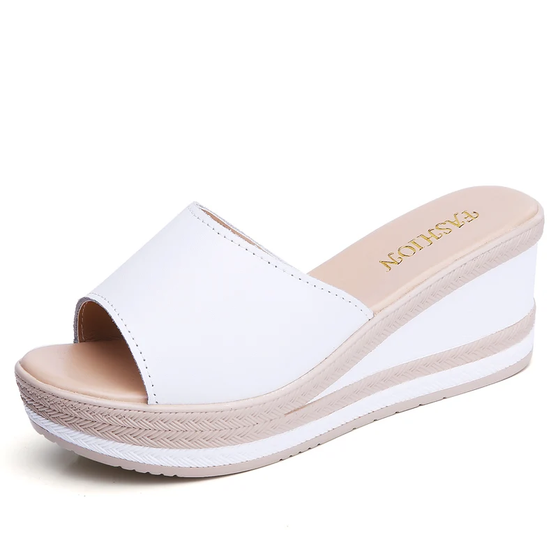 O16U/Летняя обувь; женские сандалии на танкетке; Шлепанцы из натуральной кожи; сандалии без шнуровки; женские шлепанцы в стиле ретро - Цвет: white L.9163