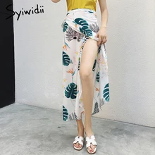В богемном стиле высокого Обёрточная бумага Талия тропический с принтом зеленых листьев юбки женские Boho Асимметричная шифоновая юбка макси длинное пляжное юбки для женщин