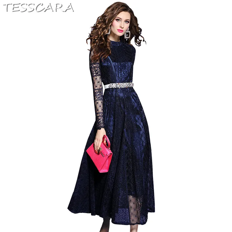 

TESSCARA Women Autumn Elegant Long Maxi Lace Dress Festa Female High Quality Vintage Designer Robe Femme Office Party Vestidos