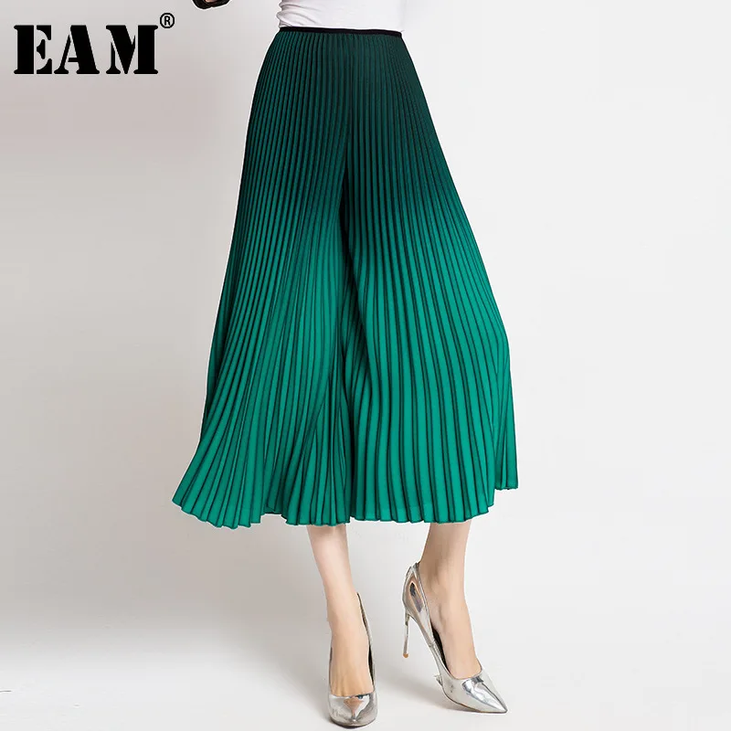 

[EAM] 2019 New Autumn Winter High Elastic Waist Green Gradual Color Loose Pleated Wide Leg Pants Women Trousers Fashion JL565