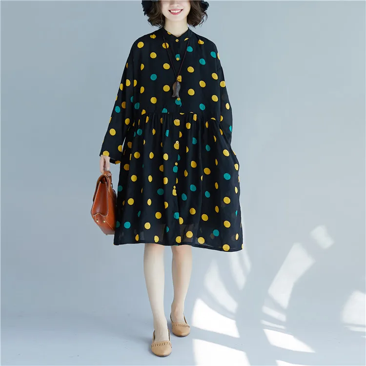 

Plus Size Women Long Blouse Shirts Spring New Lady Tops Female Vintage Literary Loose Dots Printed Cotton Linen Shirt Dress