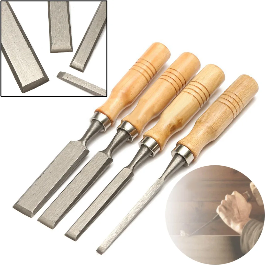 DWZ 4pcs 8/12/16/20mm Woodworking Carving Hand Chisels Tool Set with Wooden Handle