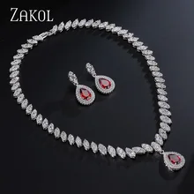 ZAKOL Marca Circonita Boda de Diamante Rojo de Moda de Forma de Gota de Agua Sistemas de La Joyería (FSSP057)