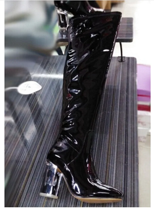 Демисезонные лакированные ботинки из телячьей кожи на прозрачном каблуке; ботфорты выше колена из черного латекса; красивые женские сапоги высотой 9 см - Цвет: as showed color