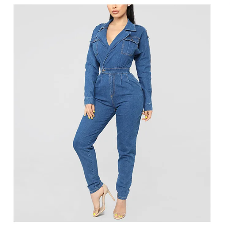 Women Blue Jeans Jumpsuit Turn Down Collar Long Sleeve Denim Rompers Vintage Casual Bodysuits Overalls Women Blue Jeans Jumpsuit Turn Down Collar Long Sleeve Denim Rompers Vintage Casual Bodysuits Overalls