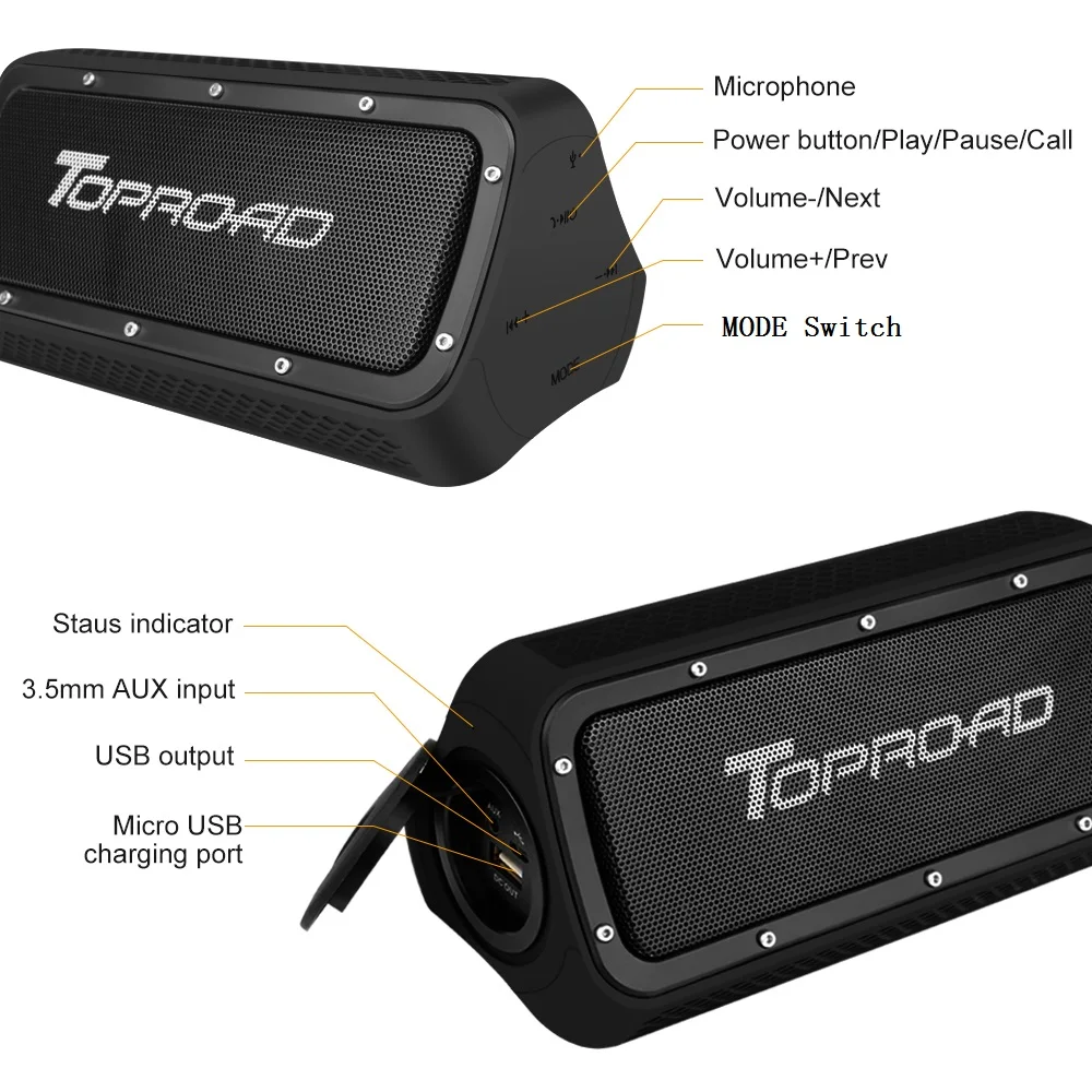 TOPROAD водонепроницаемый стерео Bluetooth динамик 10 Вт Спорт на открытом воздухе портативный беспроводной динамик s поддержка Hands-free Аварийная зарядка