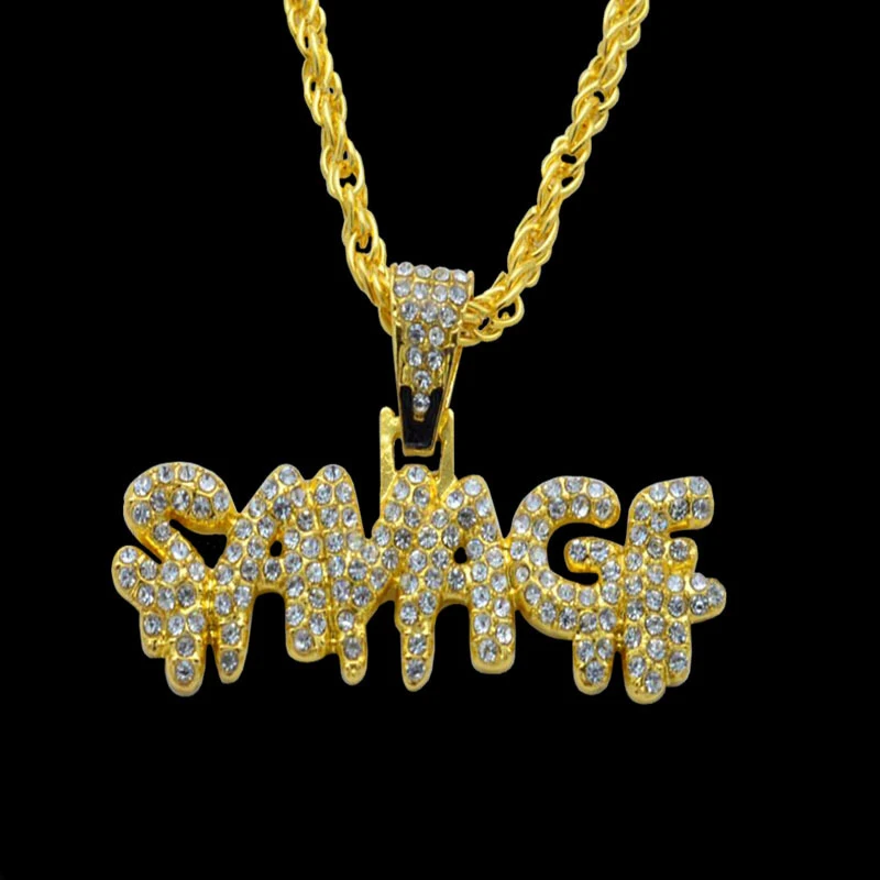

Hip Hop Necklace Brass Gold Color Iced Out Chains Micro Pave Cubic Zircon SAVAGE Pendant Necklace Charm For Men Gifts