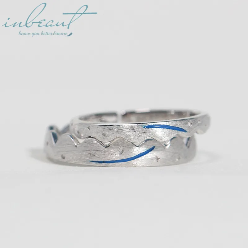 

inbeaut 925 Silver Blue Star Shower Drawing Couple Rings Male Female Original Design Heartbeat Wave Figure Ring for Lovers Gift