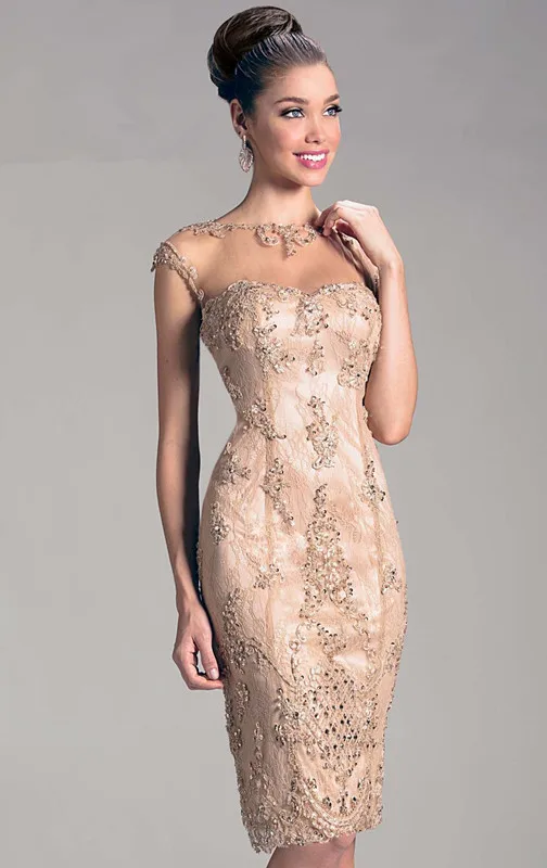 

2015 Cap Sleeves Sheer Illusion Knee Length Appliques Lace Champagne Mother of the Bride/Groom Dresses Short Evening Dresses