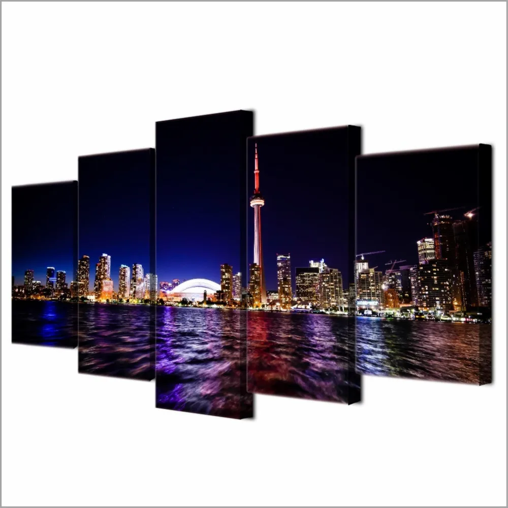 Toronto City Night Landscape 5P Paintings Print on Canvas HD Abstract Canvas Painting Office