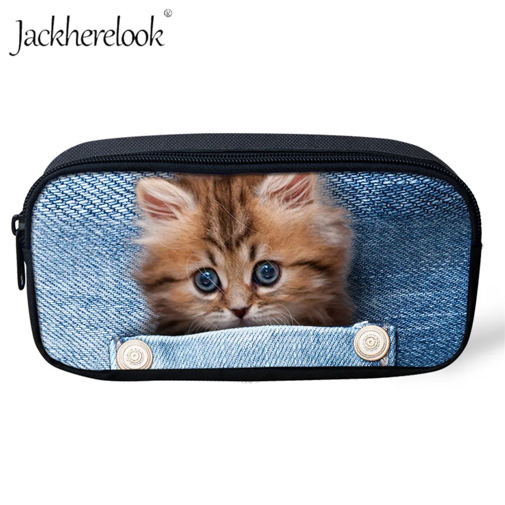 

Jackherelook Kawaii Student Pencil Bags Women Cosmetic Bag 3D Denim Animal Cat Dog Print Pencil Pouch Girls Boys School Supplies