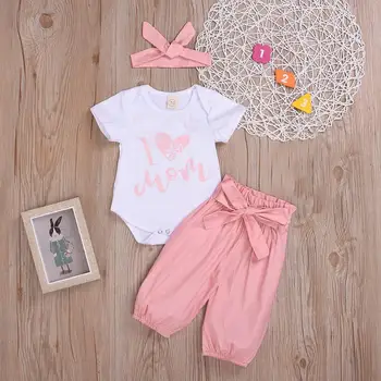 

Kids Baby Girls Clothes Sets Cotton Tops + Long Pant with Belt + Headband 3PC Childen Outfit I love Mom printed