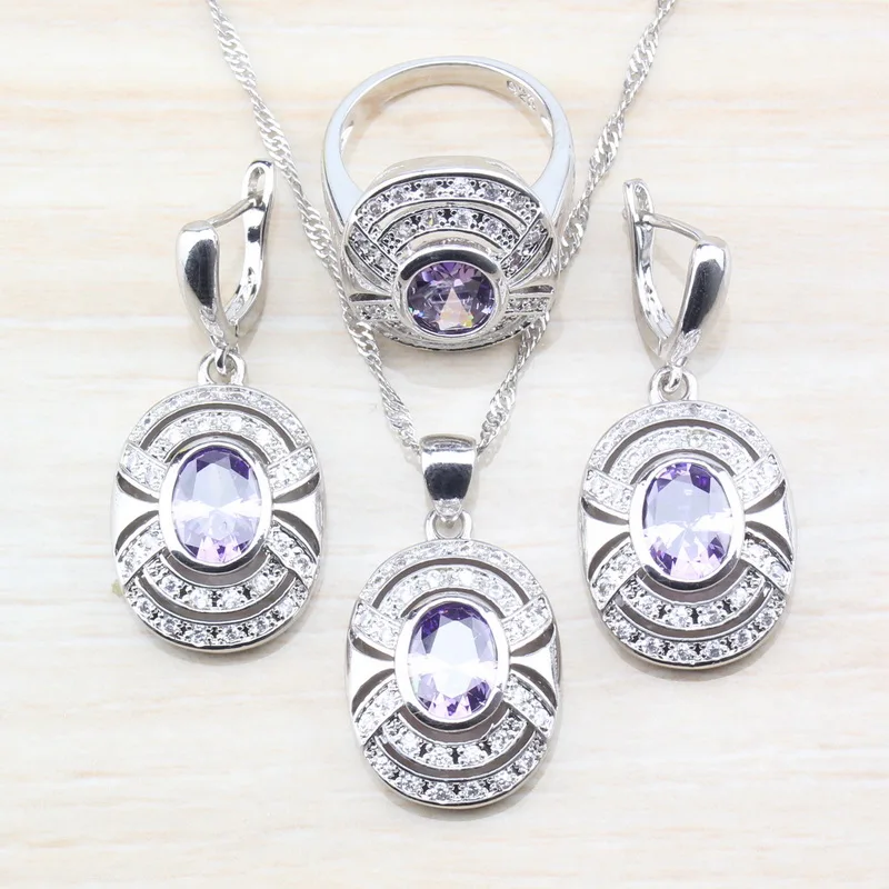 

Nice Purple Crystal Women Wedding/Party Costume 925 Silver Jewelry Sets Earrings/Necklace&Pendant/Ring Size 6/7/8/9/10
