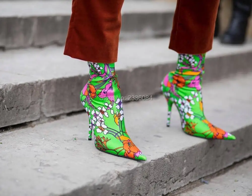 

2018 Customized Fashion Runway Socks Boots Women Elastic Stilettos Floral-Print Plain Socks Boots Pointed Toe Zapato Mujer