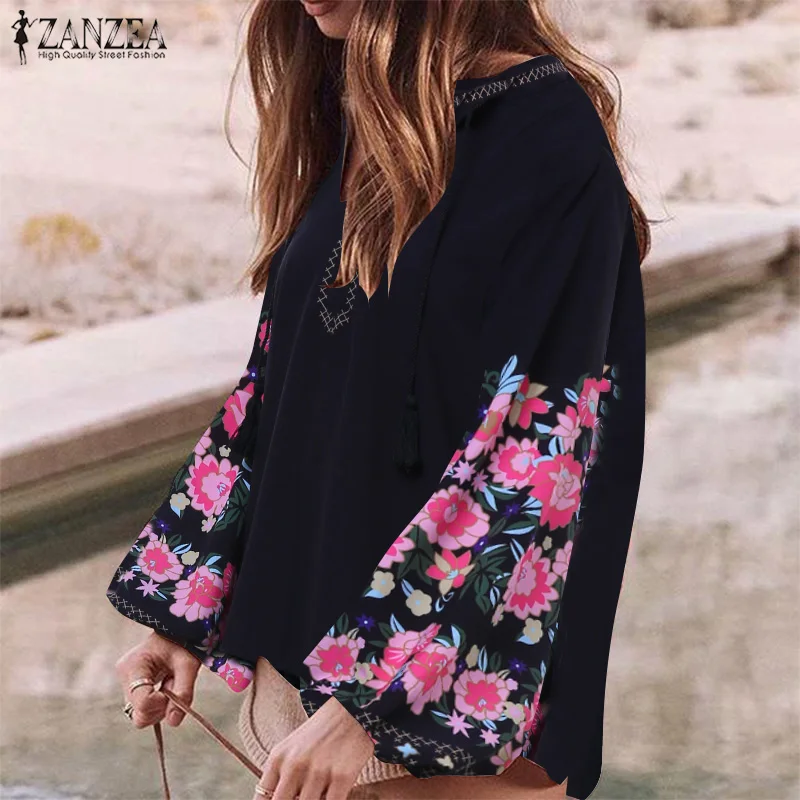 

ZANZEA Women Bohemian Blouse Romantics Floral Print Lantern Sleeve Shirt Ladies Casual Tassle Chic Blusas Tunic Blusa Femininas