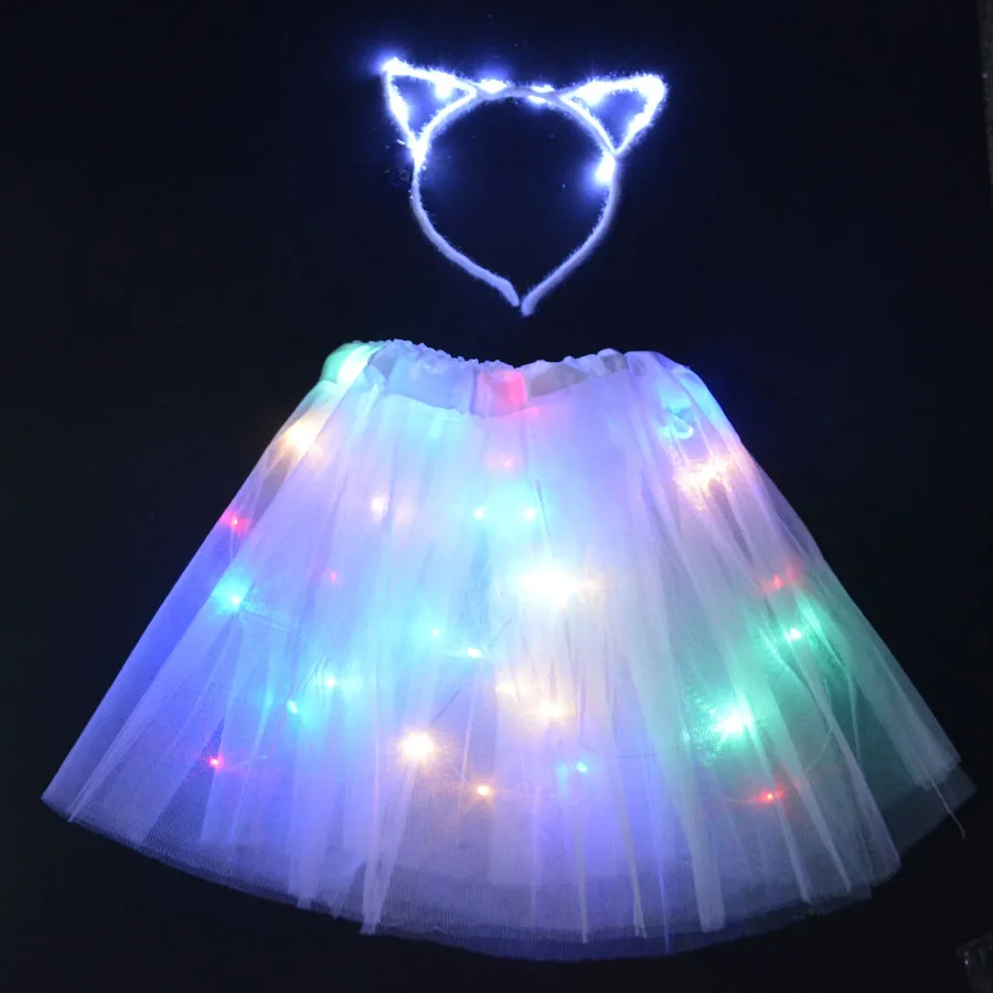 Светодиодный светящийся светильник; платья-пачки для девочек; одежда для детей; повязка на голову для свадебной вечеринки; костюм для костюмированной вечеринки с изображением кота кролика - Цвет: white cat