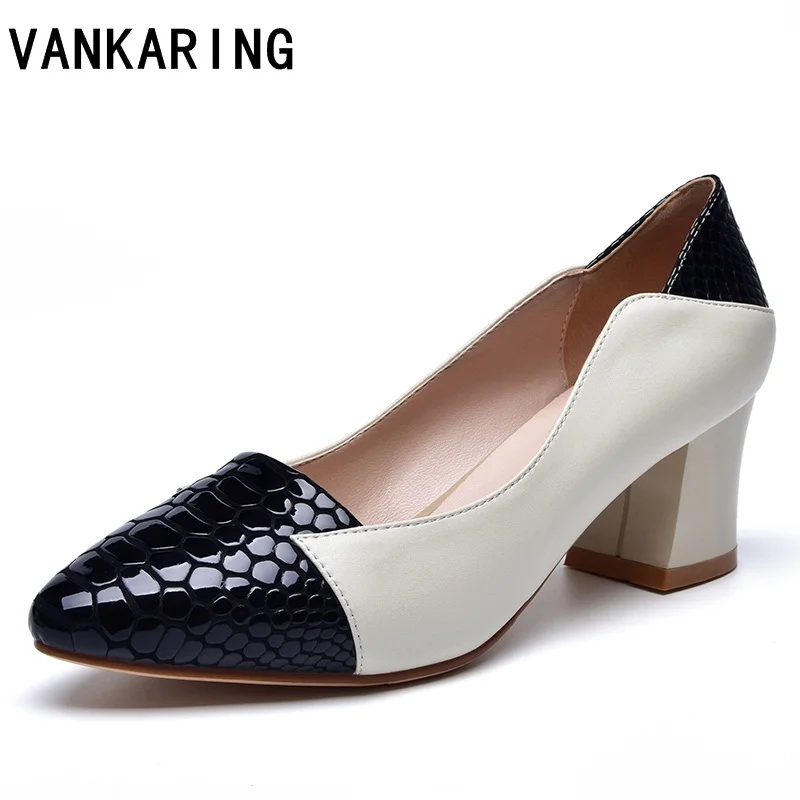 

VANKARING new fashion mixed color genuine leather dress shoes women pumps shallow pumps high heel casual office lady shoes black