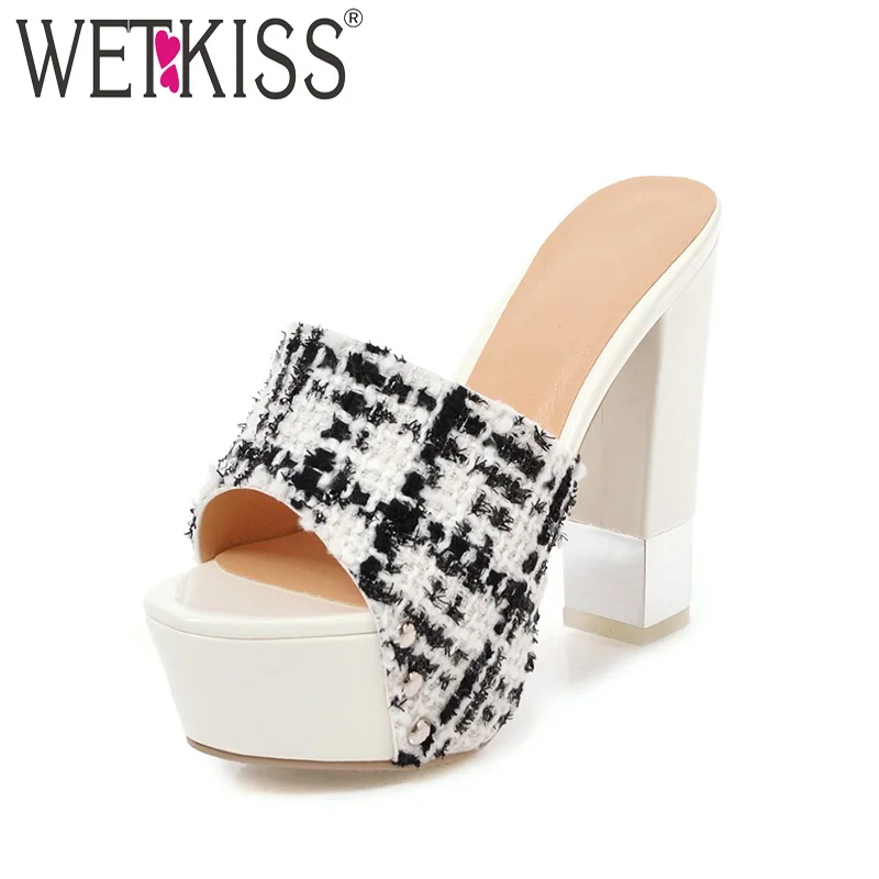 

WETKISS 2018 Summer Super High Heels Women Slippers Rivet Rubber Female Mules Shoes Open Toe Casual Slides Platform Ladies Shoes