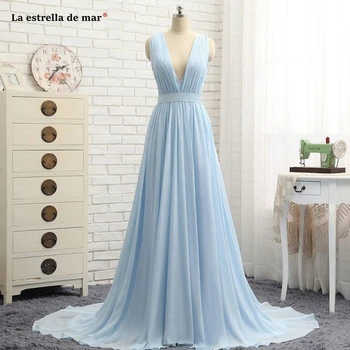 

Wedding party dress new chiffon sexy V neck A line light blue bridesmaid dresses long vestido de madrinha real brautjungfernklei