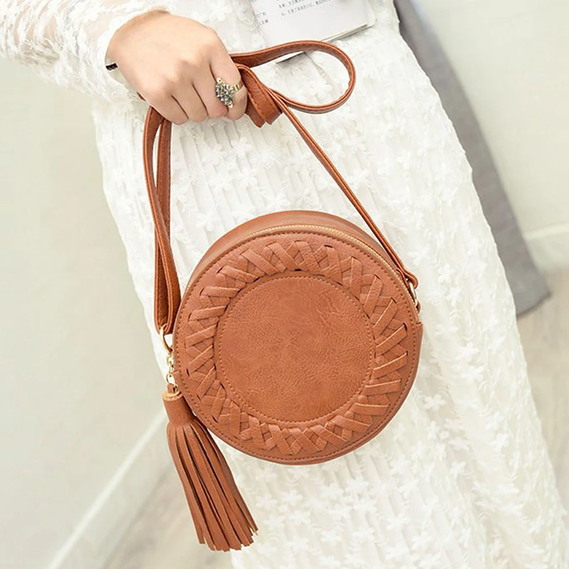

2019 Round Shape Tassel Women Shoulder bag Woven PU Leather Strap Bags Fashion women handbags