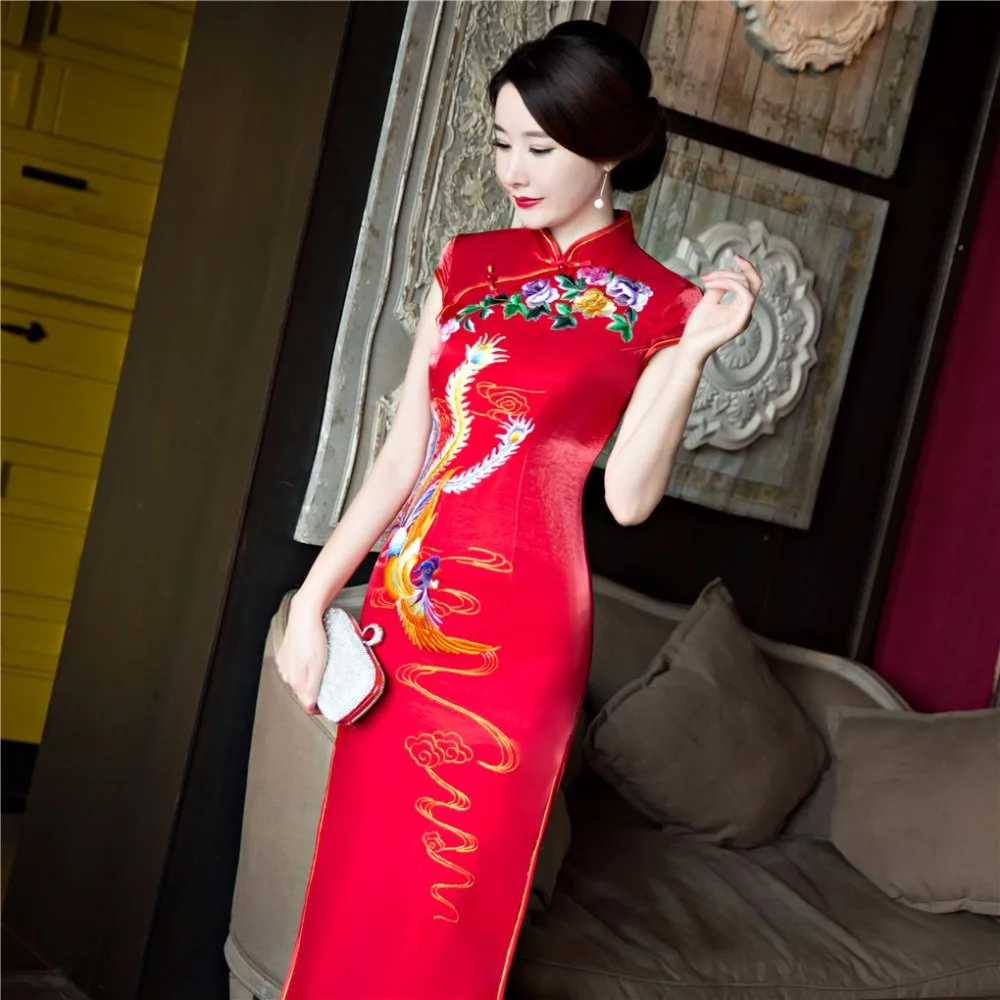 Шанхай история Феникс струйной печати orientaldresses Qipao Для женщин традиционное платье ручной работы Cheongsam Длинные китайское платье красный