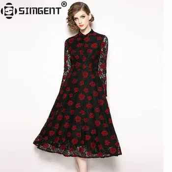 

Simgent Swing Dress Womens Autumn Winter Long Sleeve Stand Collar A Line Lace Office Elegant Floral Dress Vestidos Jurk SG810181