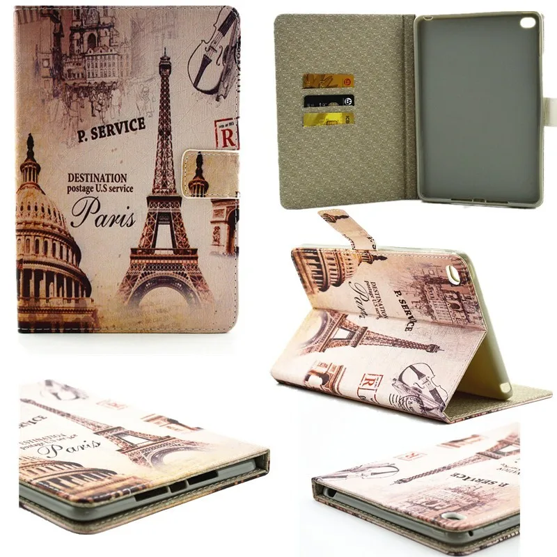 For Apple iPad Air 2 Case PU Leather Classic Retro Eiffel Tower Wallet Flip Book Stand Card Slots Tablet Cover for iPad 6 Yellow (65)