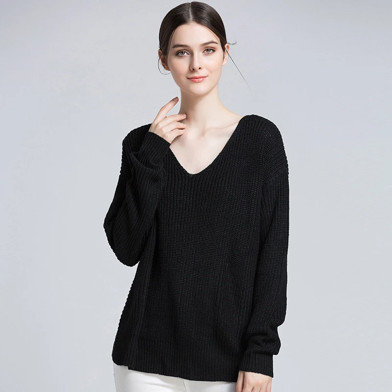 

Autumn 2018 Fashion Women Solid Color Elasticity V-Neck Backless Long Sleeve Knit Pullovers Sweaters Sexy Lady