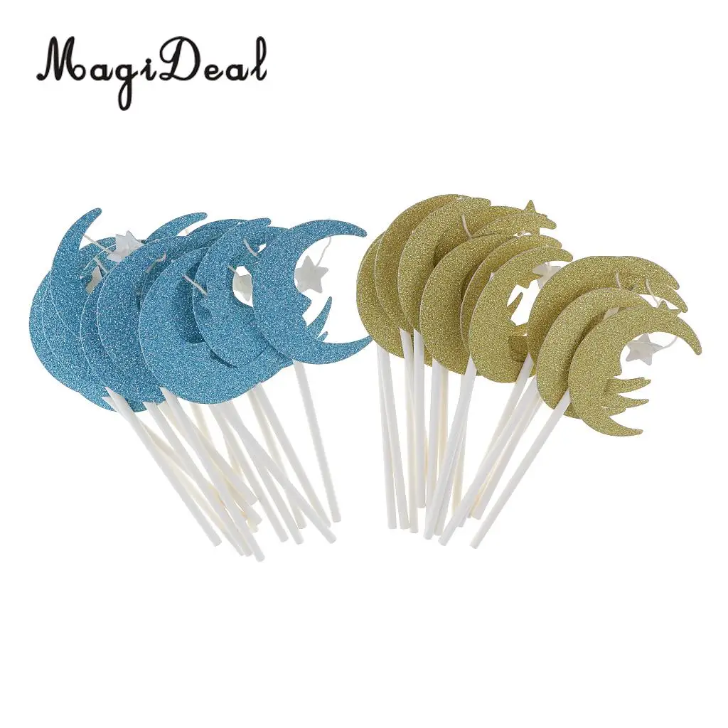MagiDeal Sweet 30Pcs Glitter Moon Star Cake Topper Wedding Birthday Fruit Food Picks for Baby Shower Anniversary Supplies Mutil