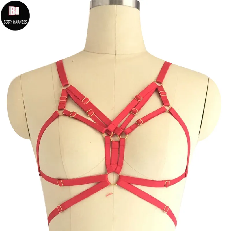 

Pastel Goth Red Body Harness Rave Festival Crop Top Harness Cage Bra Sexy Lingerie Bustier Women Pole Dance Bondage Lingerie