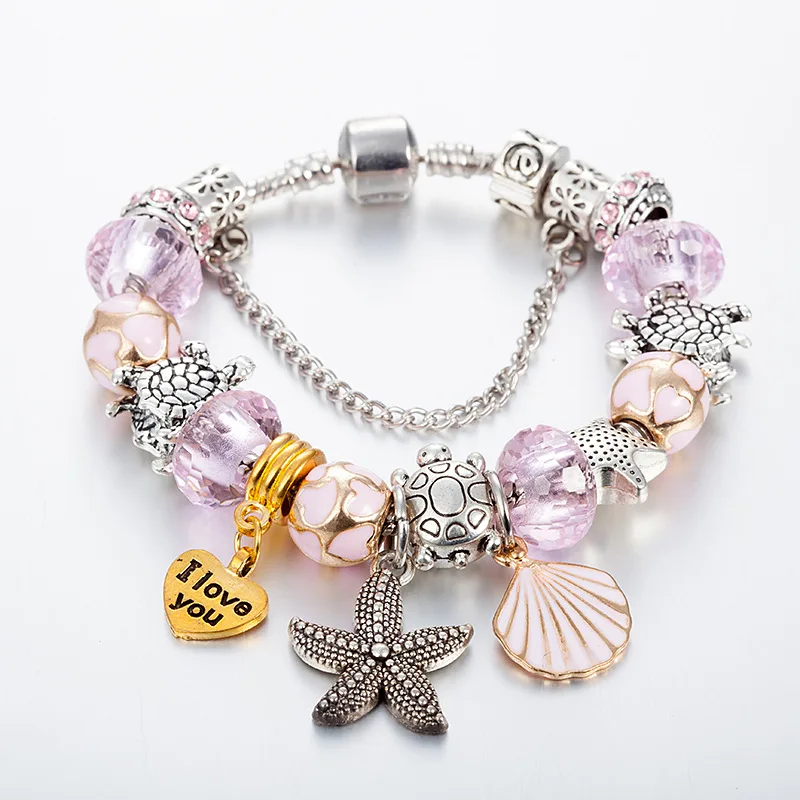 

Ocean Series Bracelets&Bangles With Starfish Turtles Shell Pink Beads Bracelet For Women Jewelry Letter Pendant