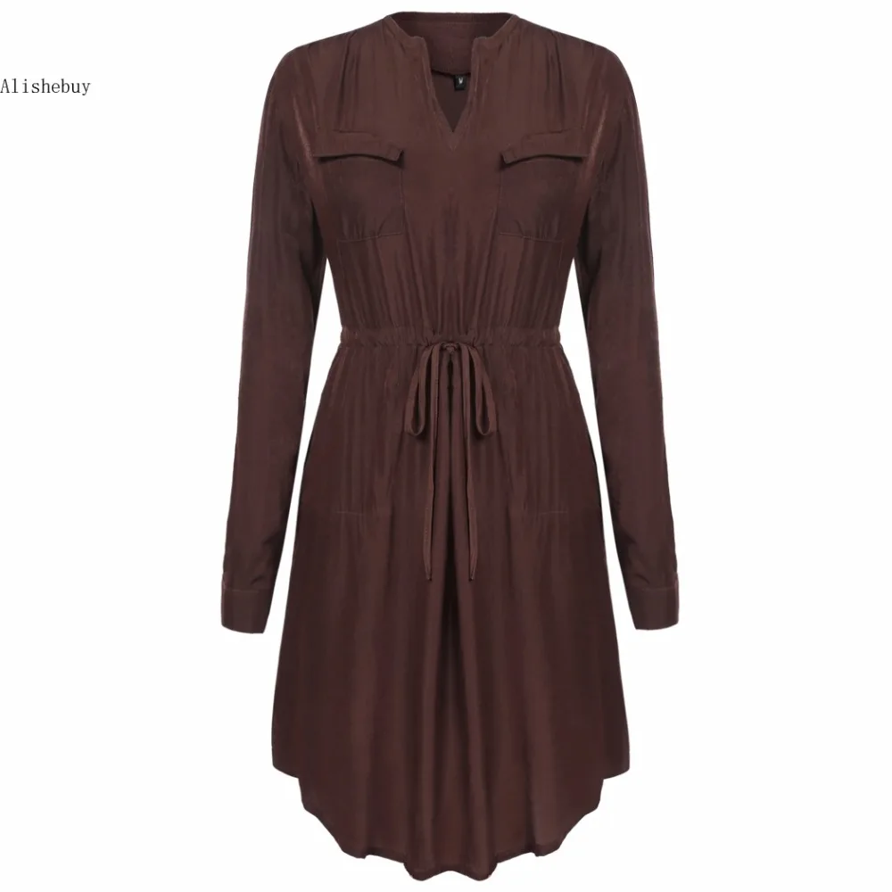 

Women Vintage Dress Drawstring Long Sleeve Pleated Dress Faldas Festa Ladies Irregular Casual Plus Retro Dresses Knee Length