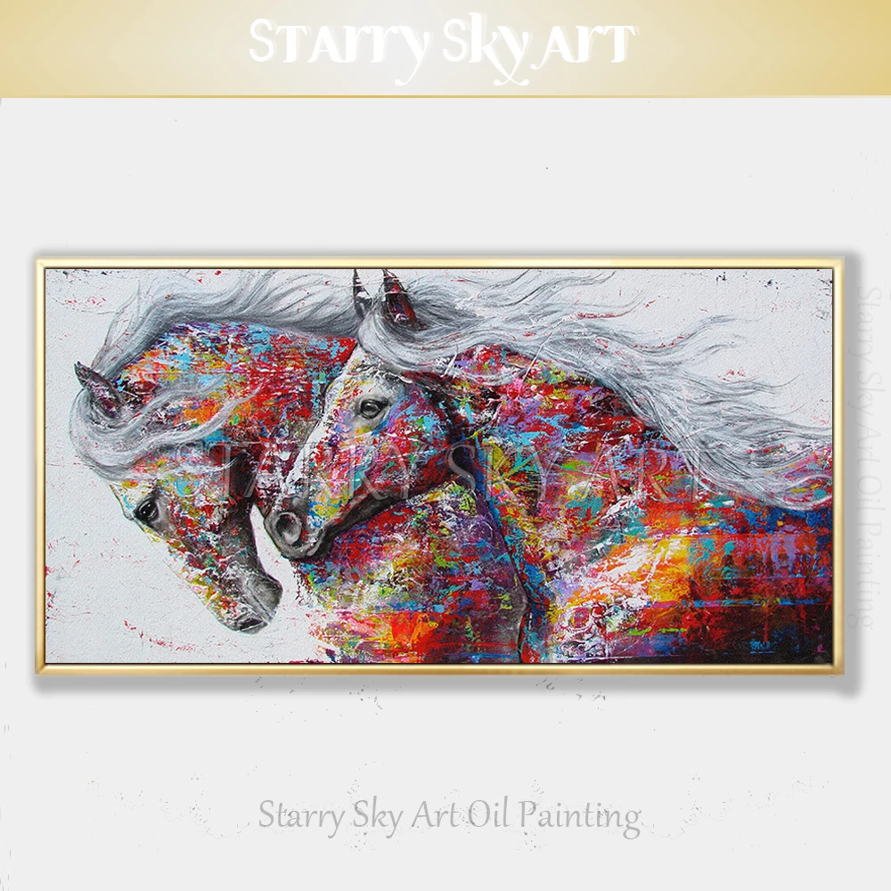 Модный дизайн, ручная роспись, 2 лошади, картина маслом на холсте, богатые цвета, абстрактная лошадь, картина маслом для украшения стен
