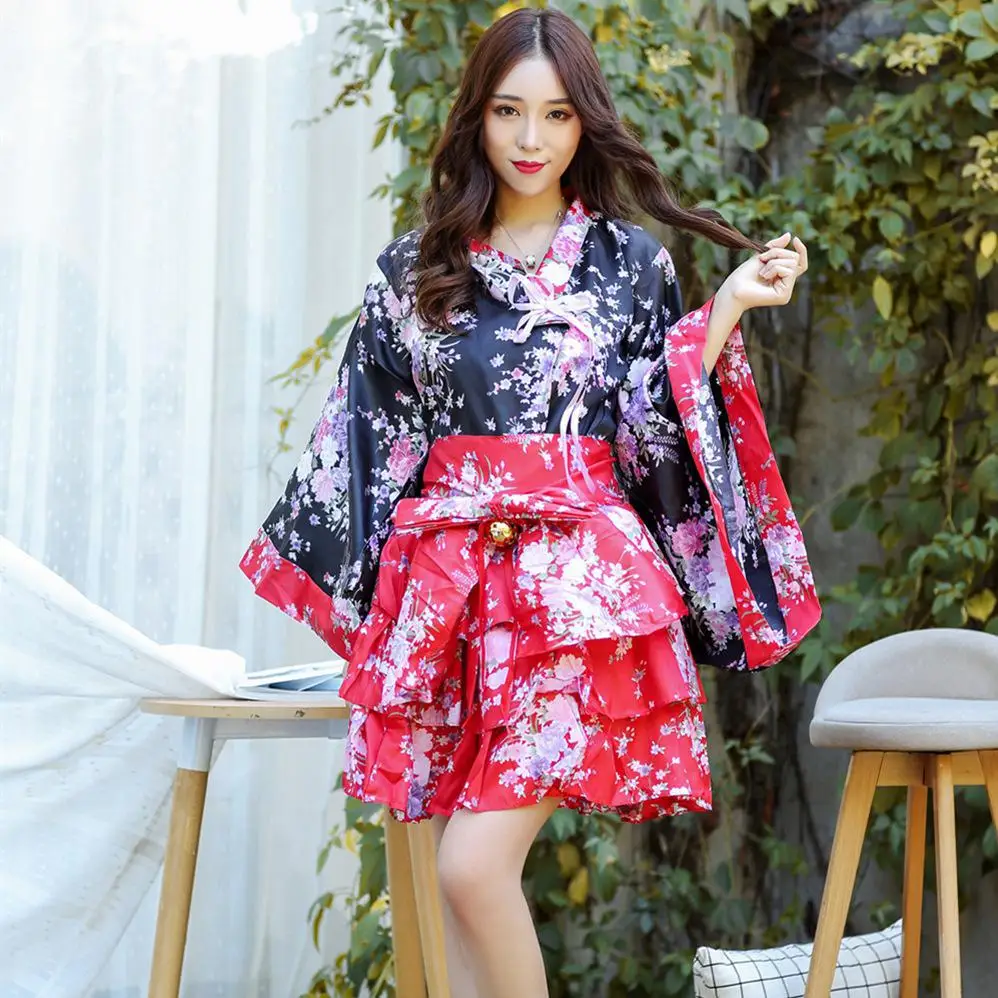

Vintage Japanese Women Yukata With Obi Traditional Satin Kimono Sexy Lady Floral Dress Cosplay Costume Performance Clothing