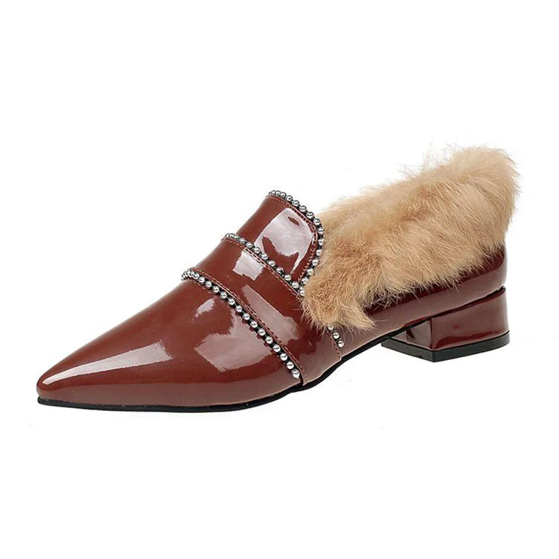 

Winter Woman High Heels Pointed Toe Low heel Pumps Shoes Slip-On Leather Fur Shoes Ladies High Heels