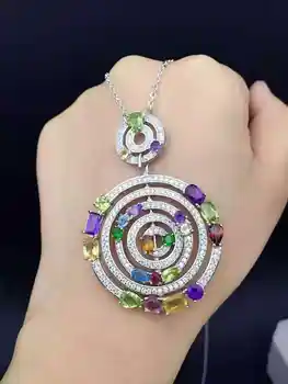 natural multicolor amethyst peridot pendant S925 silver Natural garnet Pendant Necklace trendy Luxury round women fine jewelry - Category 🛒 Jewelry & Accessories
