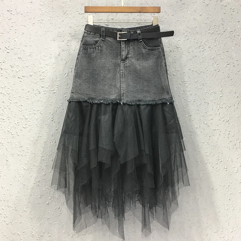 

Spring Summer Fashion Casual Womens High Waist Tassel Mesh Patchwork Grey Denim Skirt , 2019 Female Women Irregular Jeans Skirts