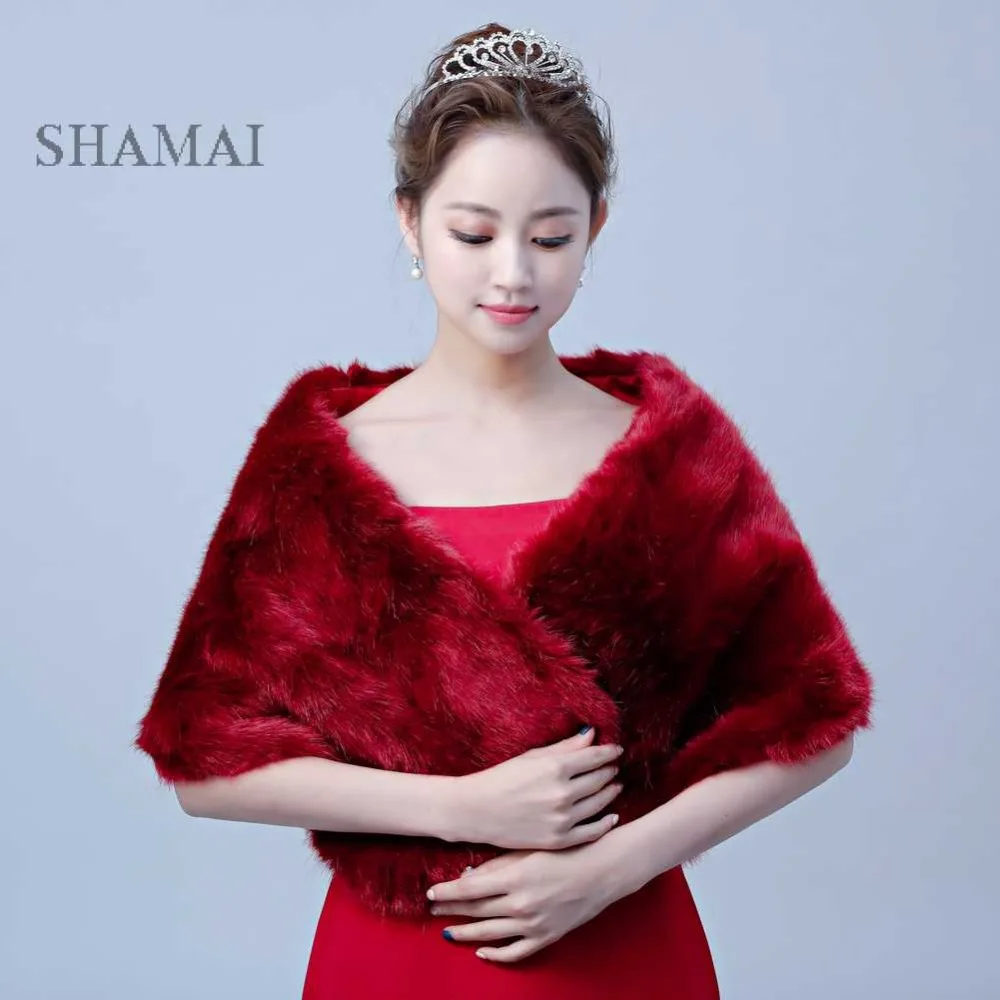 

SHAMAI Dark Red Faux Fur Winter Bridal Wraps Warm Fur Boleros Bridal Cape Evening Coat High Quality Hot Wedding bridesmaids wrap