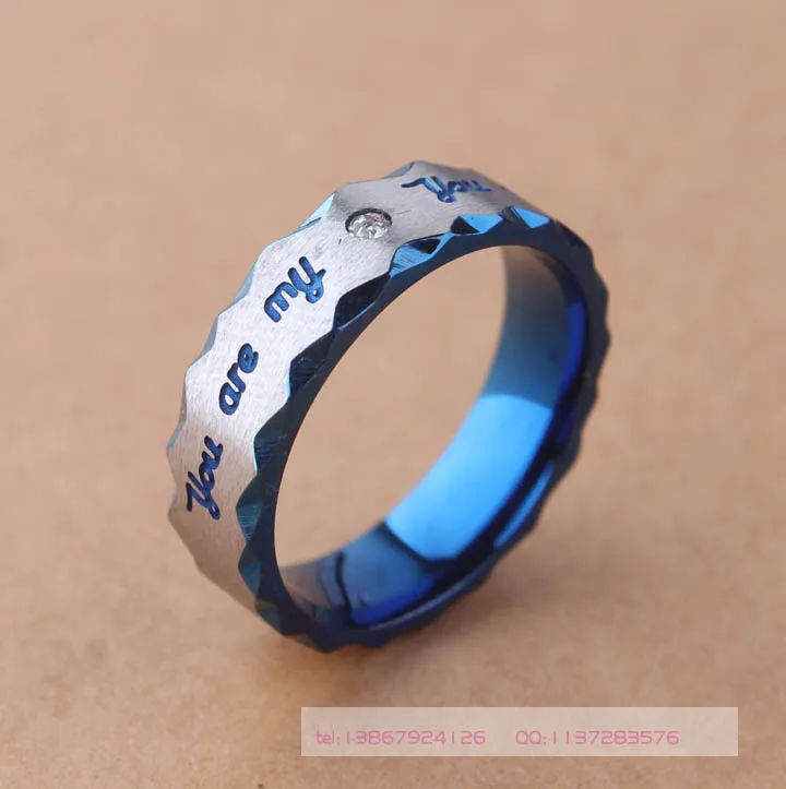 

free shipping New Arrival Lovers Blue 316L Stainless Steel You Are My Love CZ Stone Rings 6mm