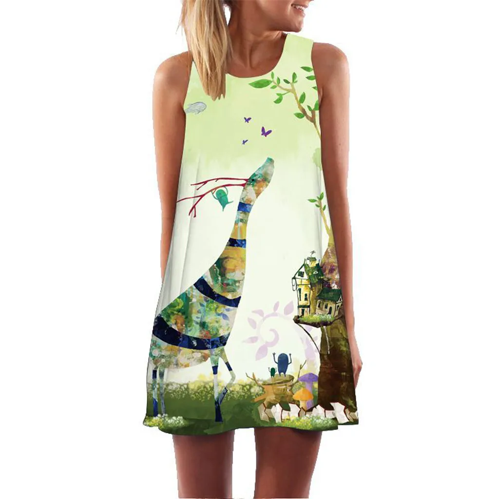 

Ladies Dress 2019 Women's O-Neck Retro Bohemian Summer Sleeveless Beach Print Short Mini Dress vestido verano mujer jurken