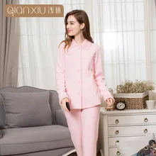 QIANXIU пижамный комплект для женщин, чистый цвет, отложной воротник, утолщенная домашняя одежда для отдыха, женская зимняя теплая пижама из овечьей шерсти
