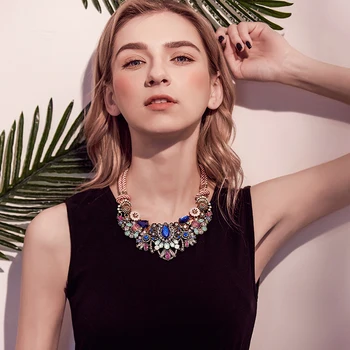 

Colorful Irregular Geometric Statement Necklace Blue Crystal Pink Rope Fashion India Collar Necklace for Women Jewelry