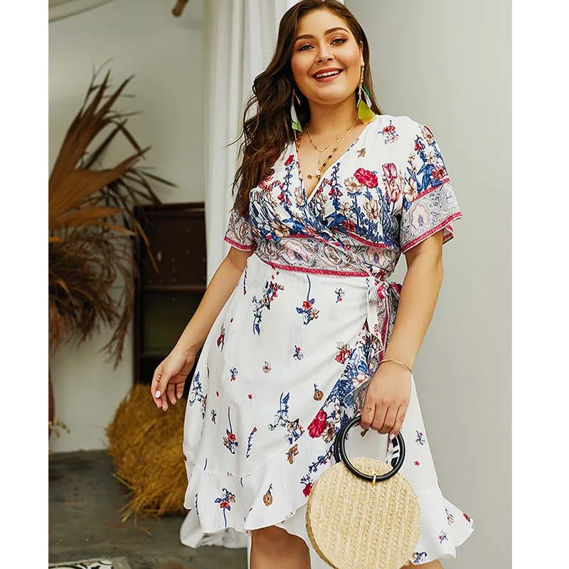 

WHZHM Party Plus Size 3XL 4XL Dress Women Chiffon Sashes Deep V-Neck Big Size High Waist Beach Femme Jurk Short Sleeve Jurk