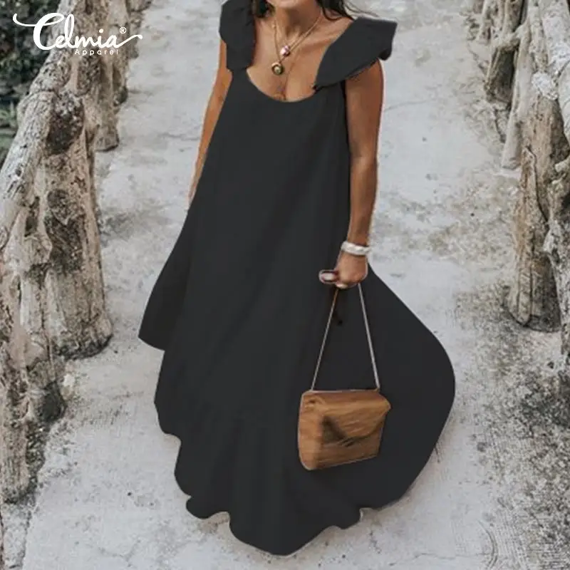 

Celmia 2019 Summer Ruffled Party Dress Women Bohemian Sundress Sexy Short Sleeve Casual Solid Loose Long Maxi Vestido Plus Size