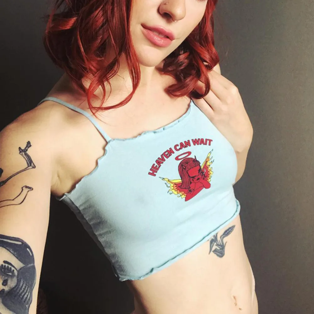 Crop Top Women Letter Print Spaghetti Strap Blue Tee Tops Summer Harajuku Short Camisole Tops Lovely Streetwear Tank Top Vest