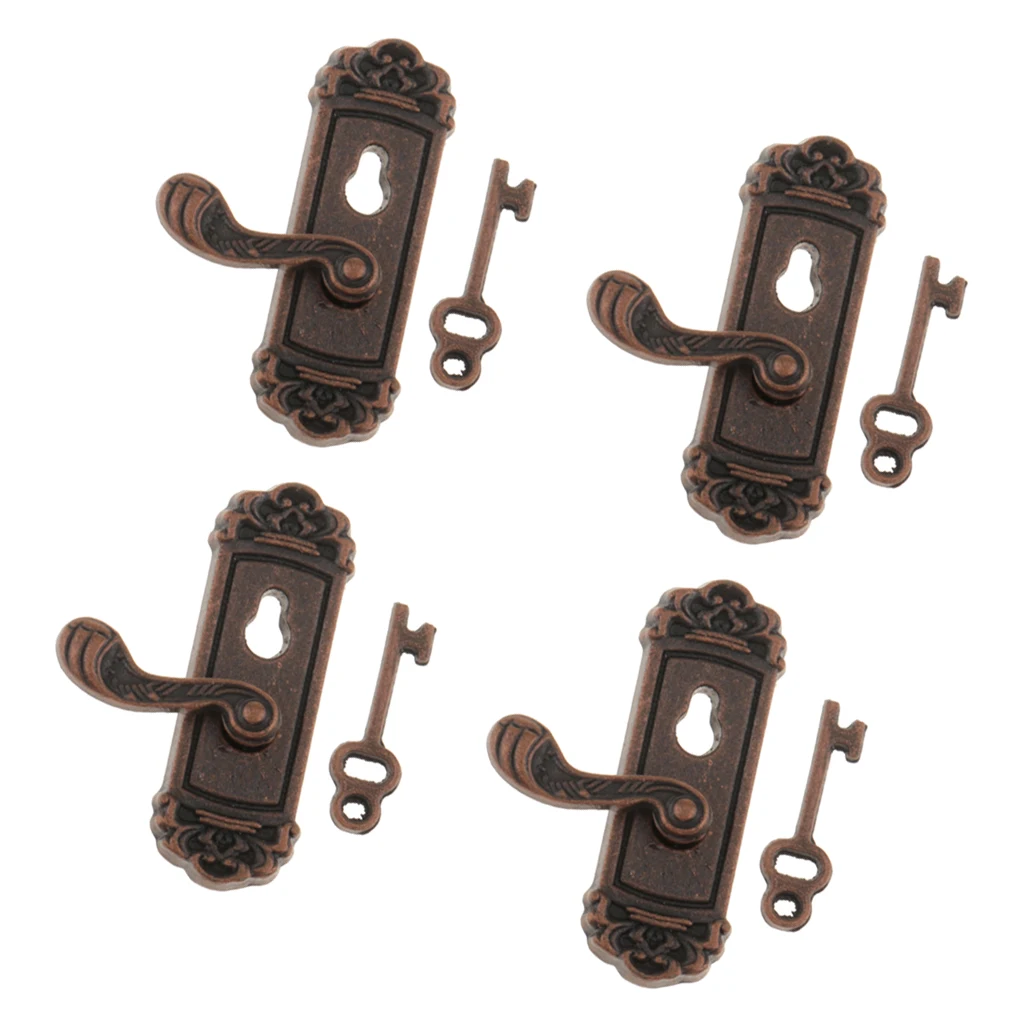 4PCS 1:12 Scale Vintage Metal Door Knob Plate Keys Dollhouse Miniature Right Handle 