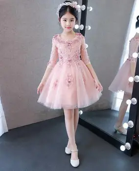 

2019 High Quality Handmade Pink Tulle Flower Girl Dress For Wedding Half Sleeve Appliques Kids Prom Dress First Communion dress